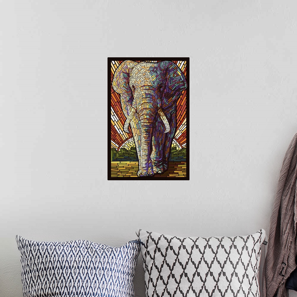 A bohemian room featuring African Elephant - Paper Mosaic: Retro Art Poster