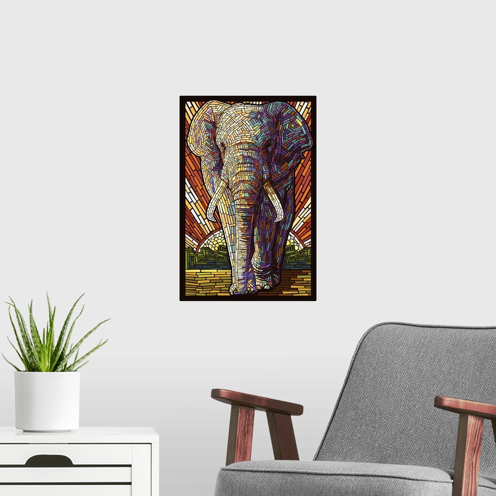 A modern room featuring African Elephant - Paper Mosaic: Retro Art Poster