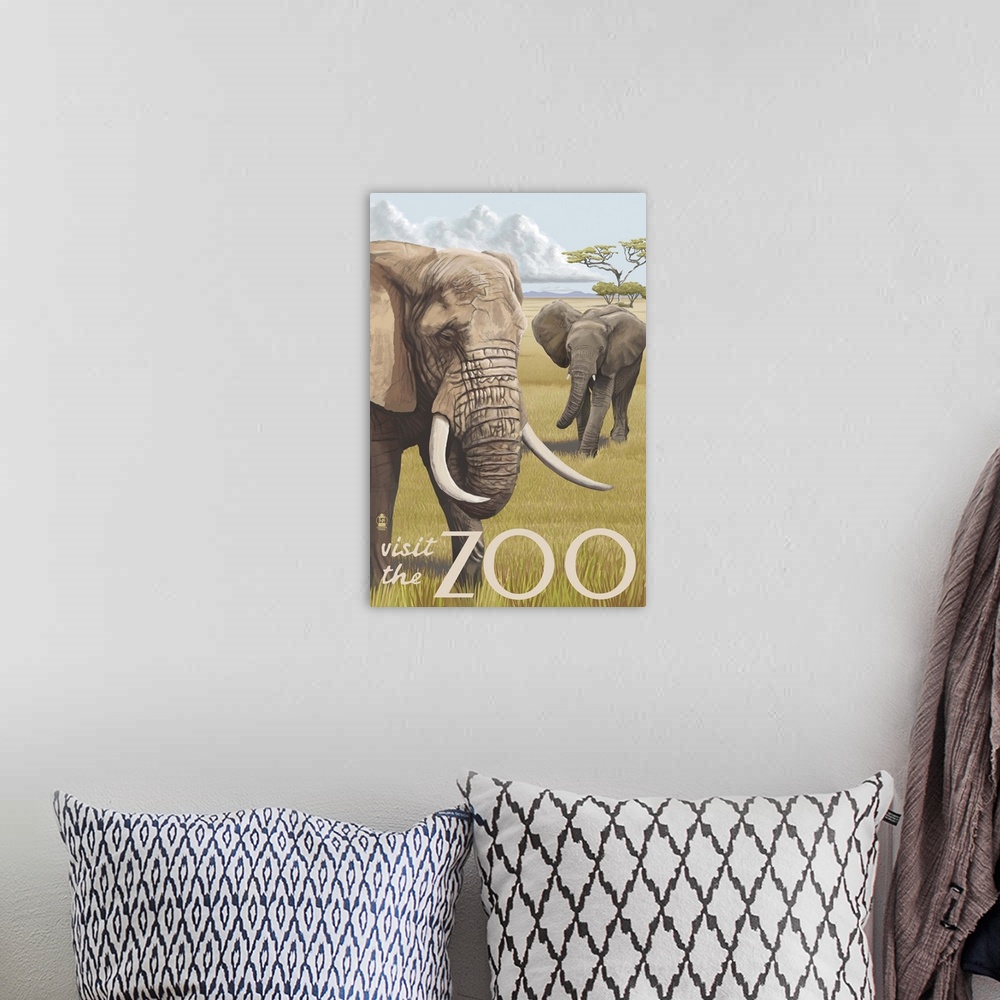 A bohemian room featuring African Elephant - Visit the Zoo : Retro Travel Poster