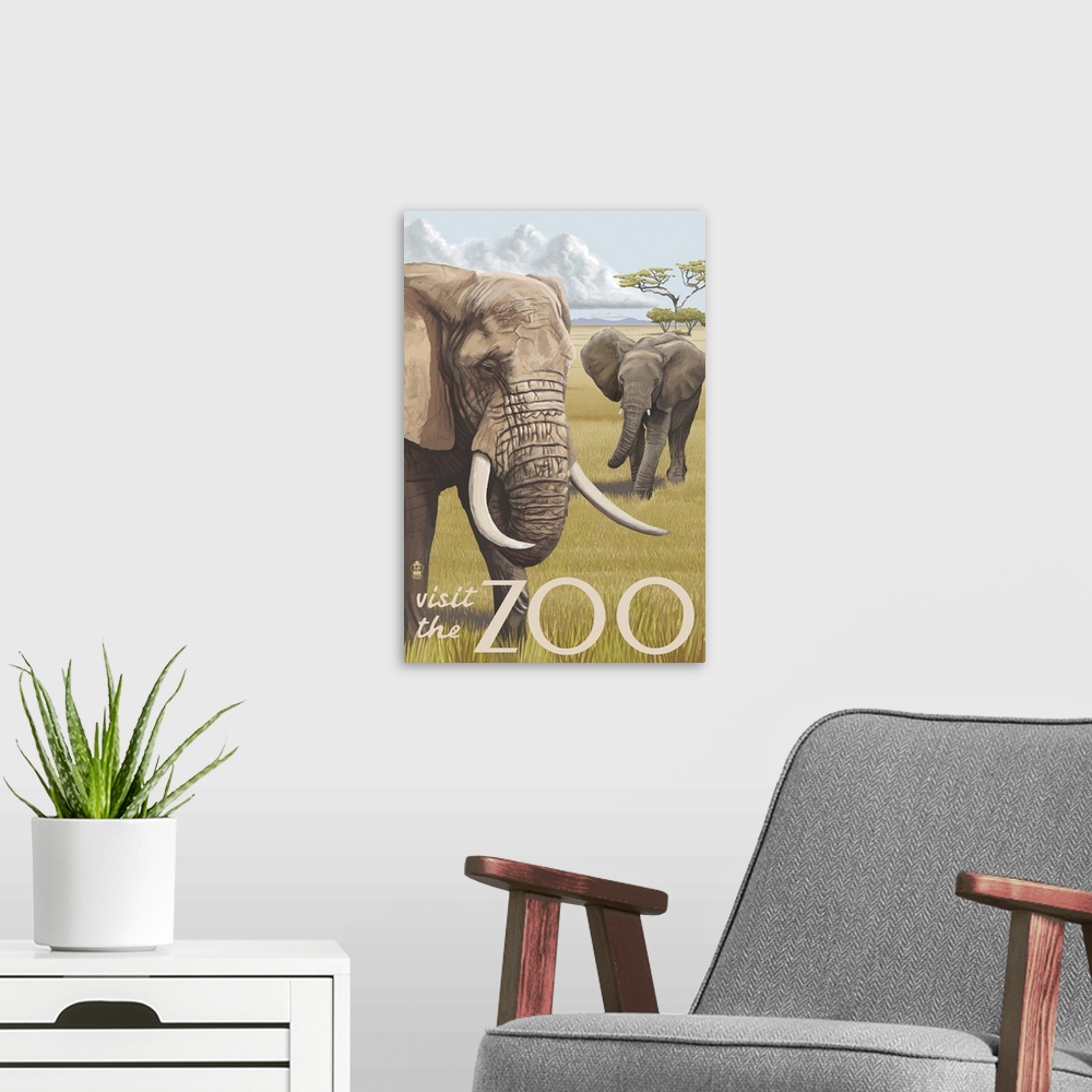 A modern room featuring African Elephant - Visit the Zoo : Retro Travel Poster