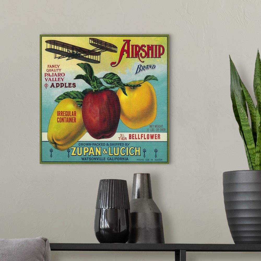 A modern room featuring Airship Apple Crate Label, Watsonville, CA