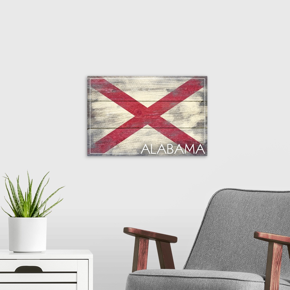 A modern room featuring The flag of Alabama with a weathered wooden board effect.