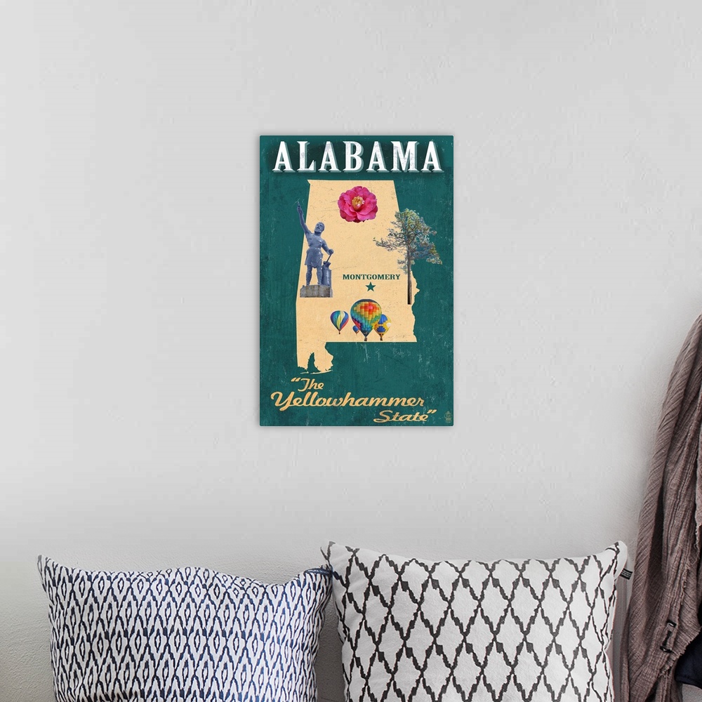 A bohemian room featuring Alabama - State Icons: Retro Travel Poster