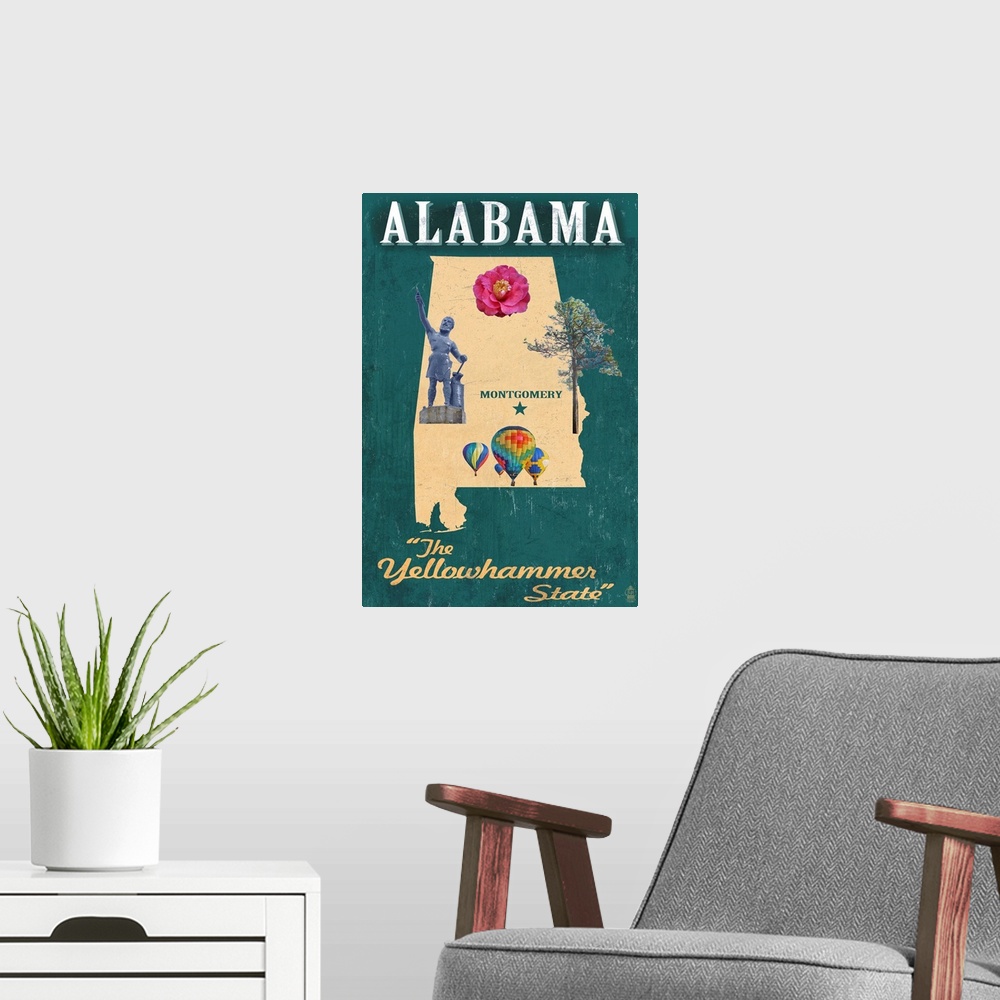 A modern room featuring Alabama - State Icons: Retro Travel Poster