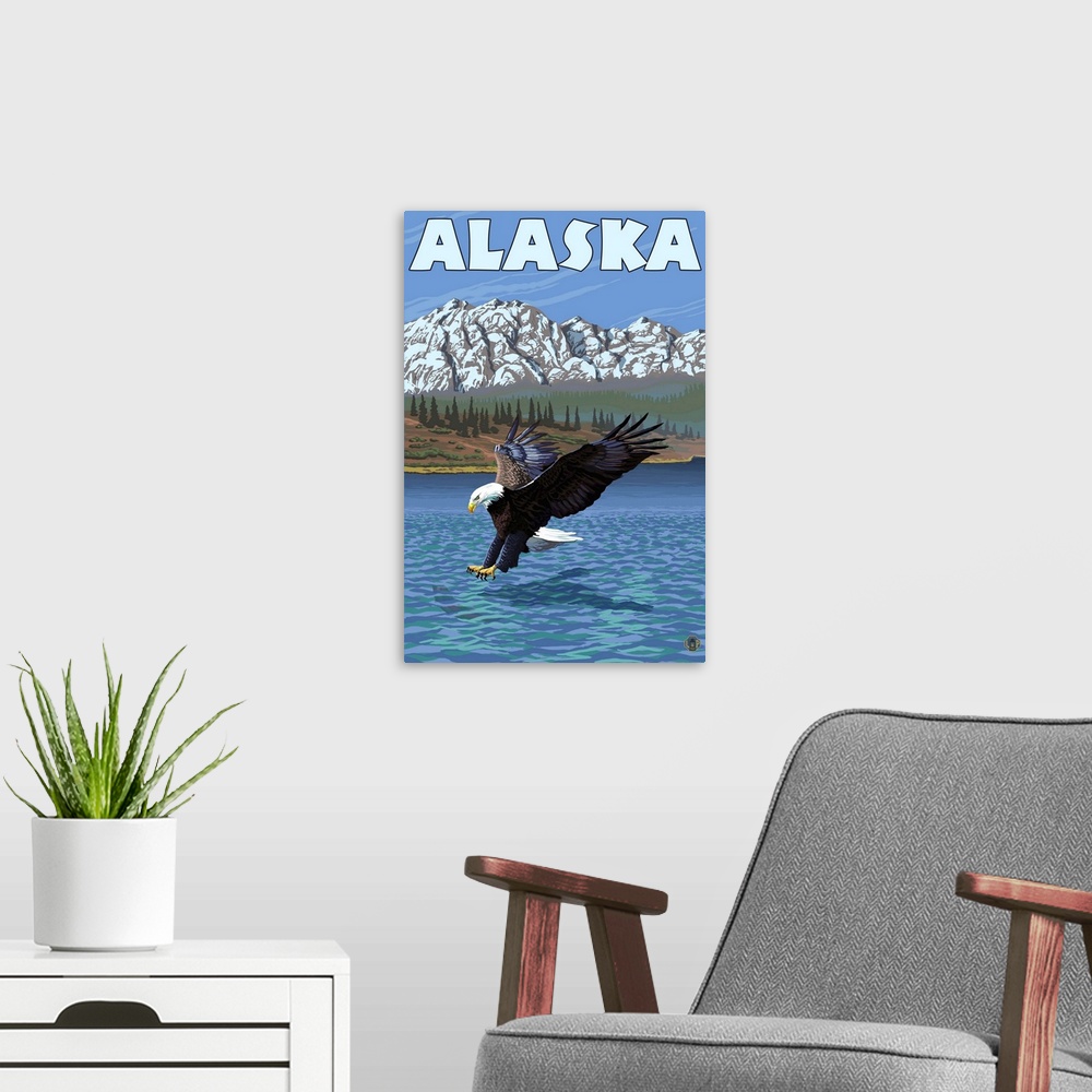 A modern room featuring Alaska - Bald Eagle: Retro Travel Poster