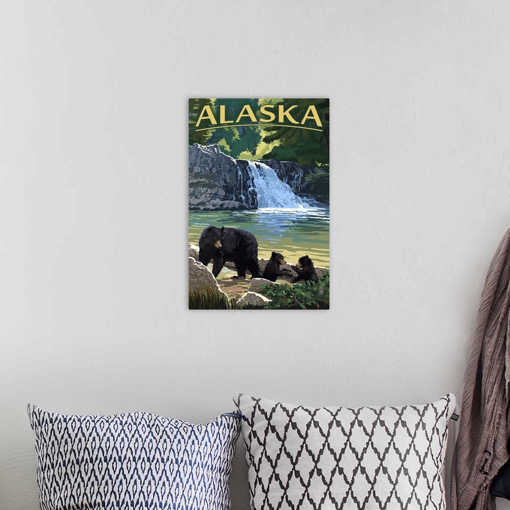 A bohemian room featuring Alaska - Black Bears & Waterfall