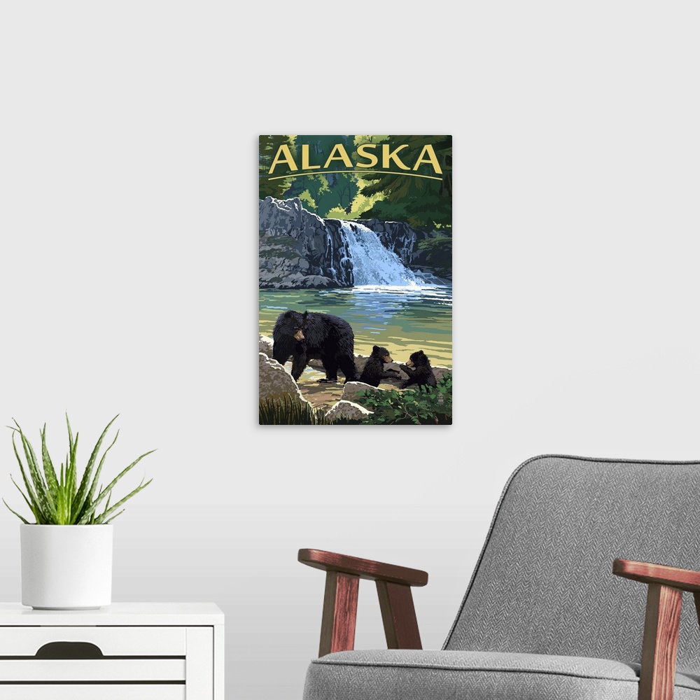 A modern room featuring Alaska - Black Bears & Waterfall