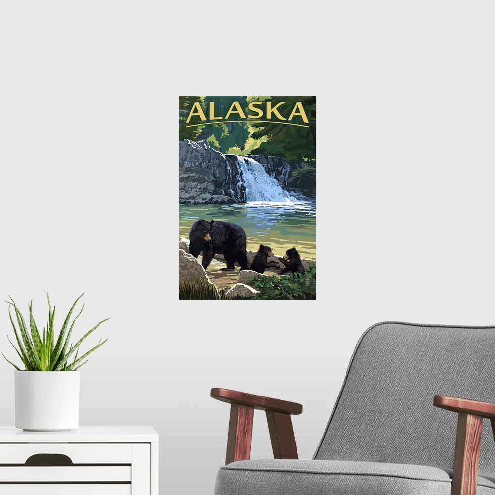A modern room featuring Alaska - Black Bears & Waterfall