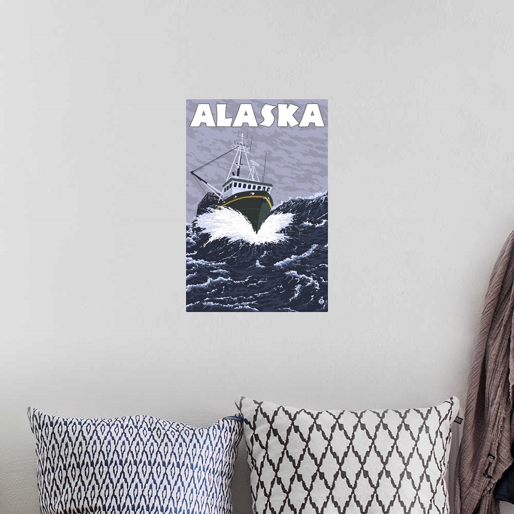 A bohemian room featuring Alaska - Crab Boat: Retro Travel Poster