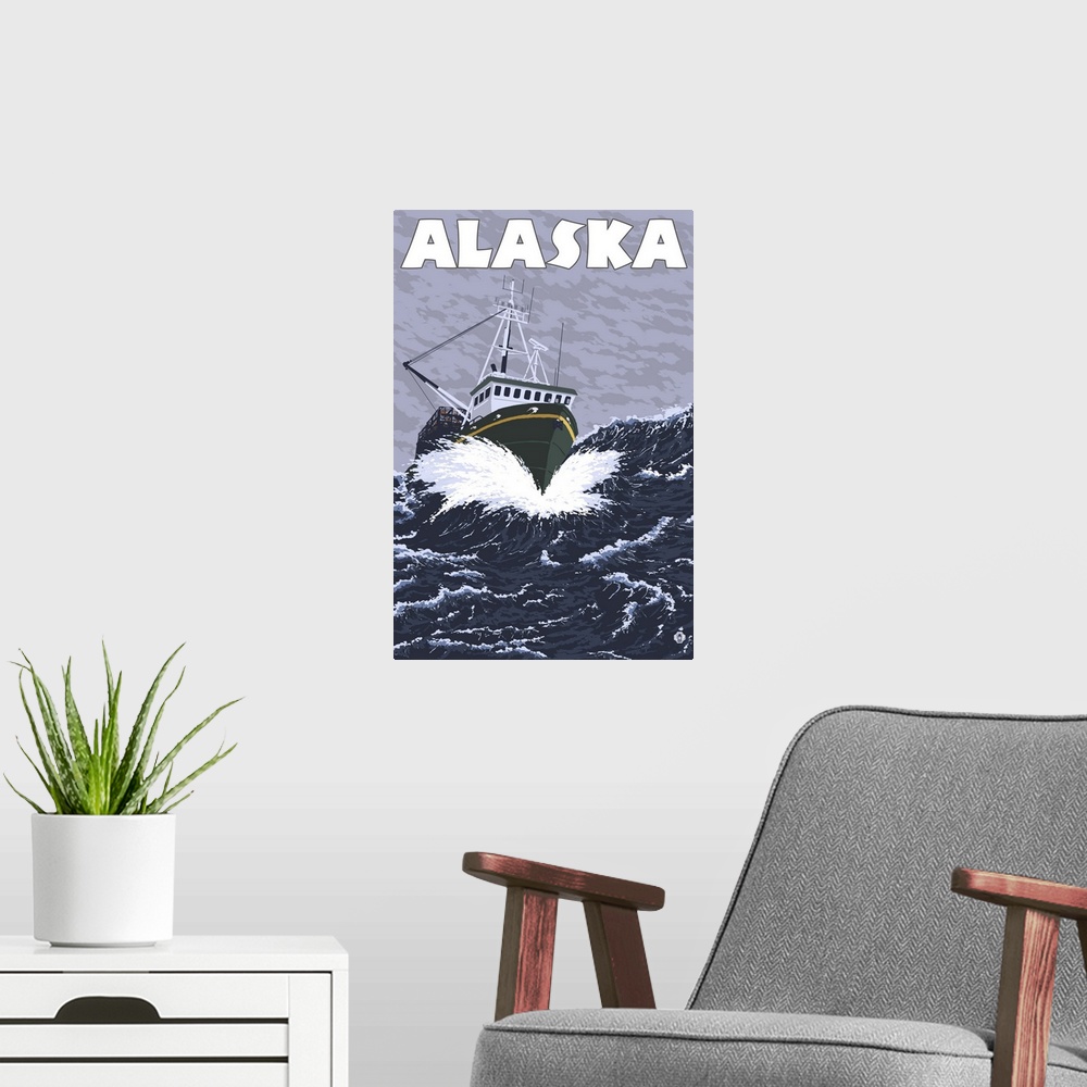 A modern room featuring Alaska - Crab Boat: Retro Travel Poster