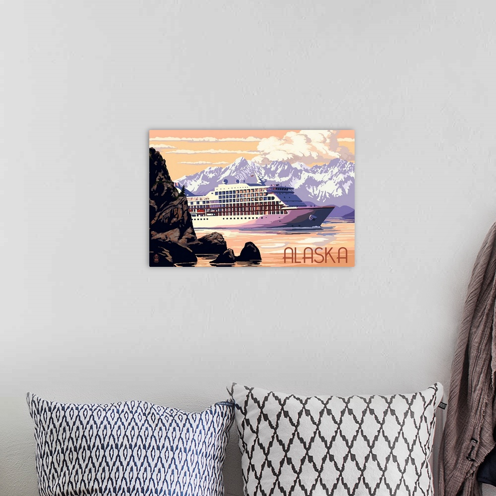 A bohemian room featuring Alaska - Cruise Ship and Sunset: Retro Travel Poster