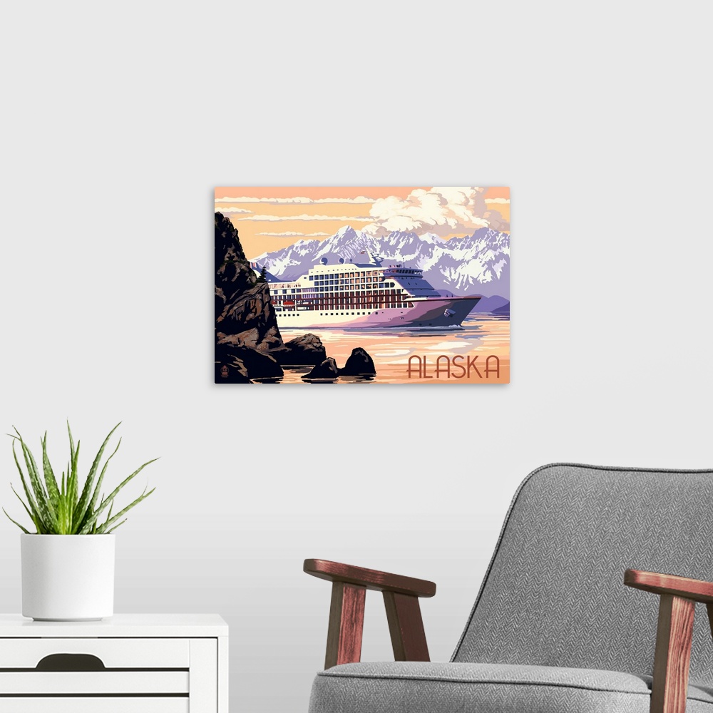 A modern room featuring Alaska - Cruise Ship and Sunset: Retro Travel Poster