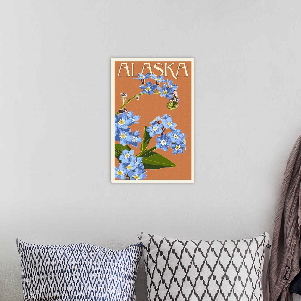 A bohemian room featuring Alaska - Forget-Me-Nots - Letterpress: Retro Travel Poster