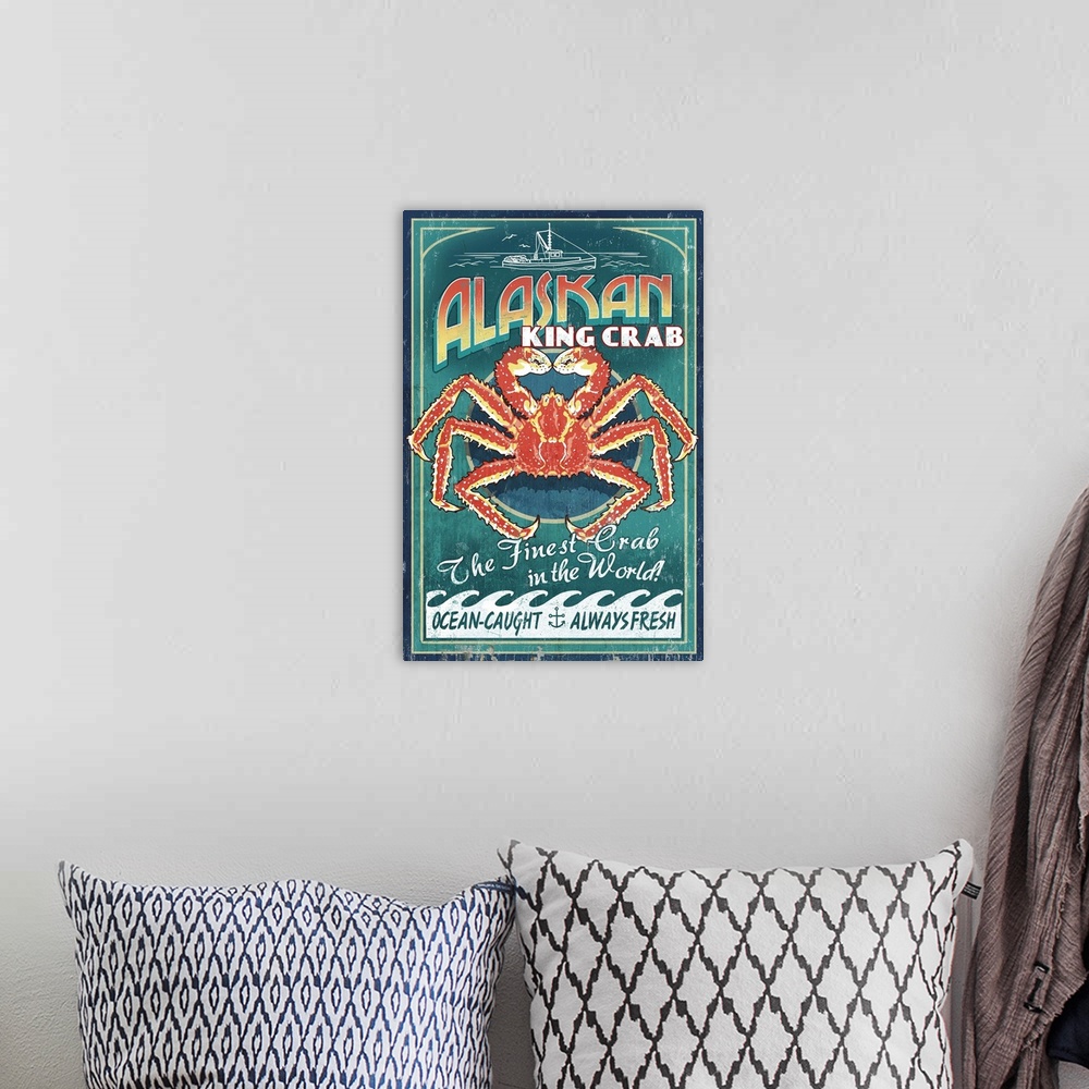 A bohemian room featuring Retro stylized art poster of a vintage seafood market sign displaying a king crab.