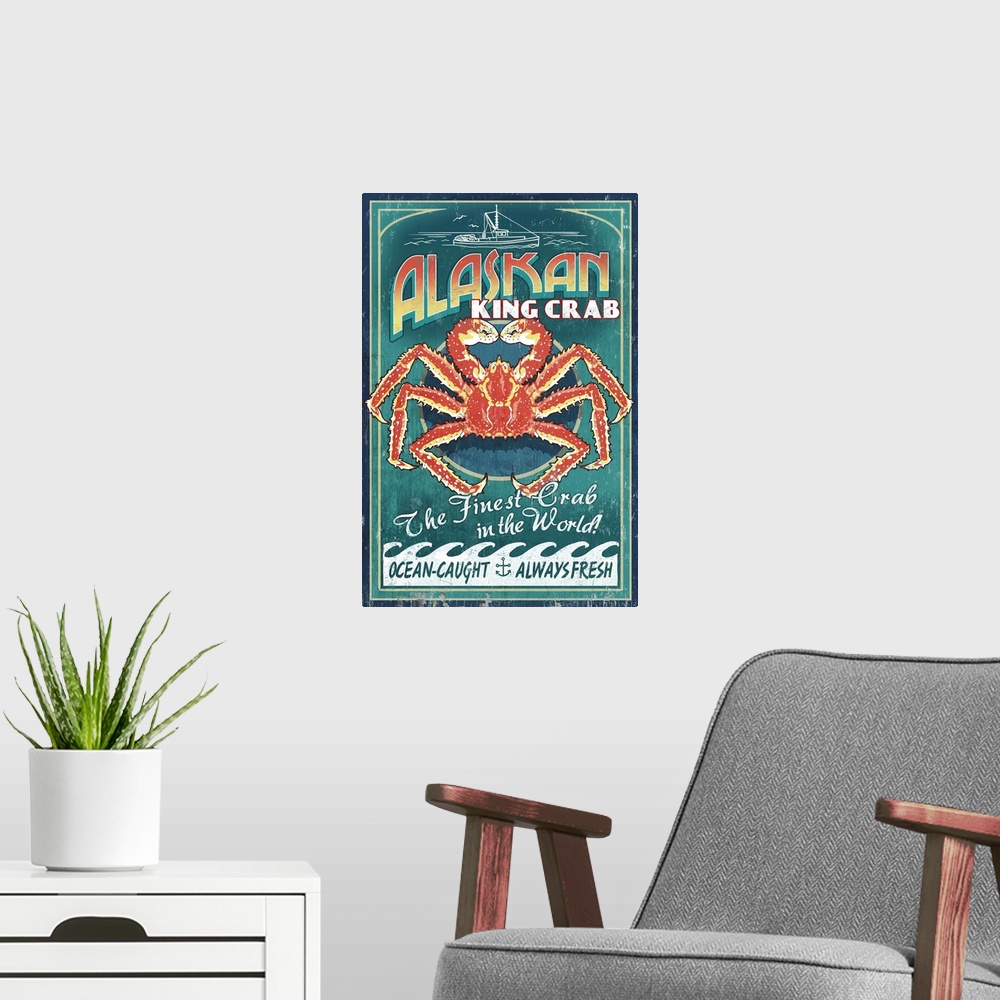 A modern room featuring Retro stylized art poster of a vintage seafood market sign displaying a king crab.