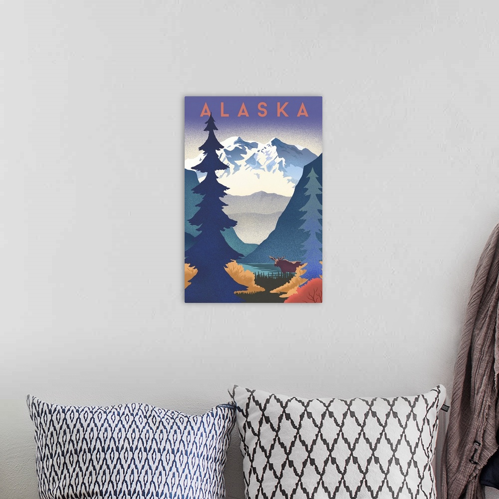 A bohemian room featuring Alaska - Mountain Scene - Lithograph