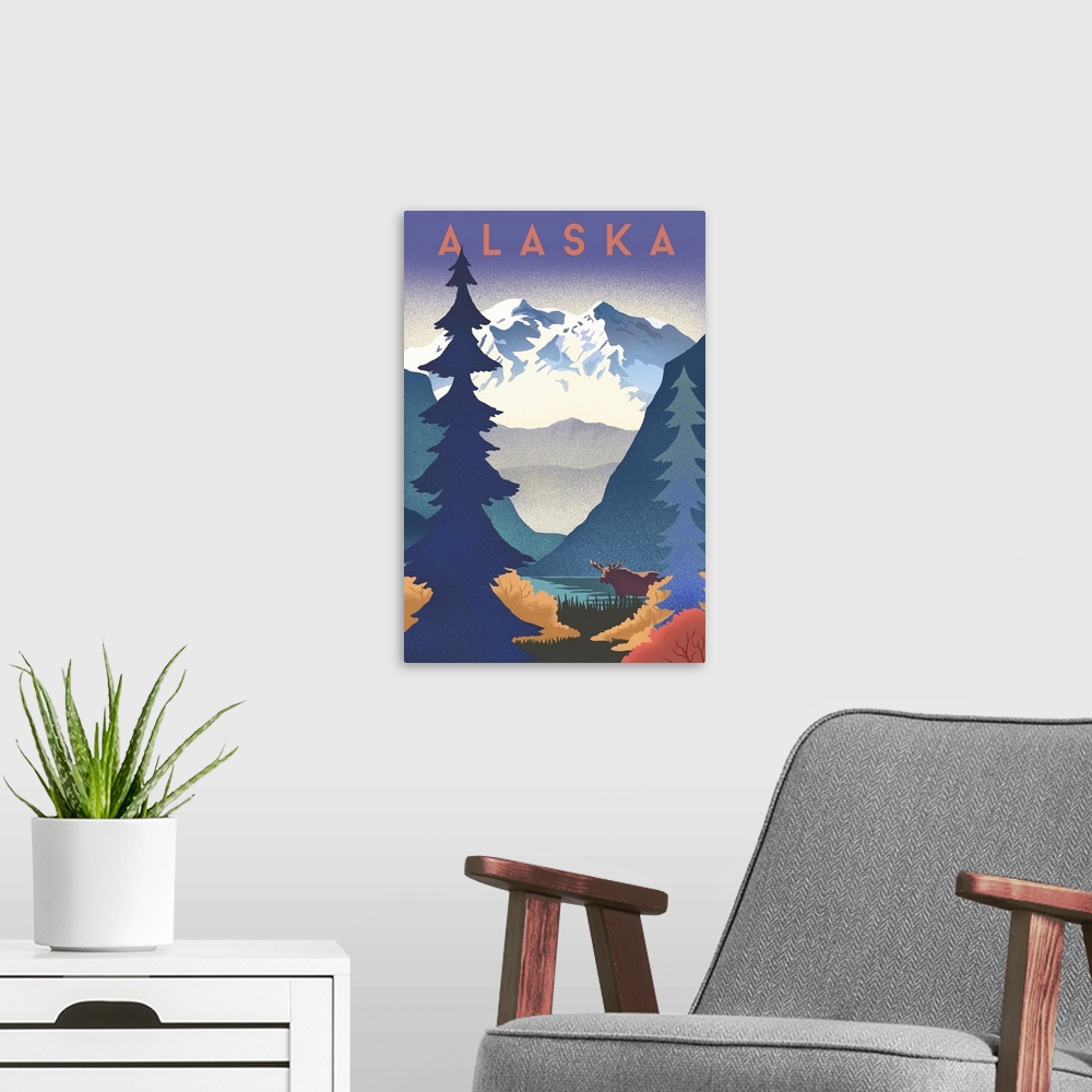 A modern room featuring Alaska - Mountain Scene - Lithograph