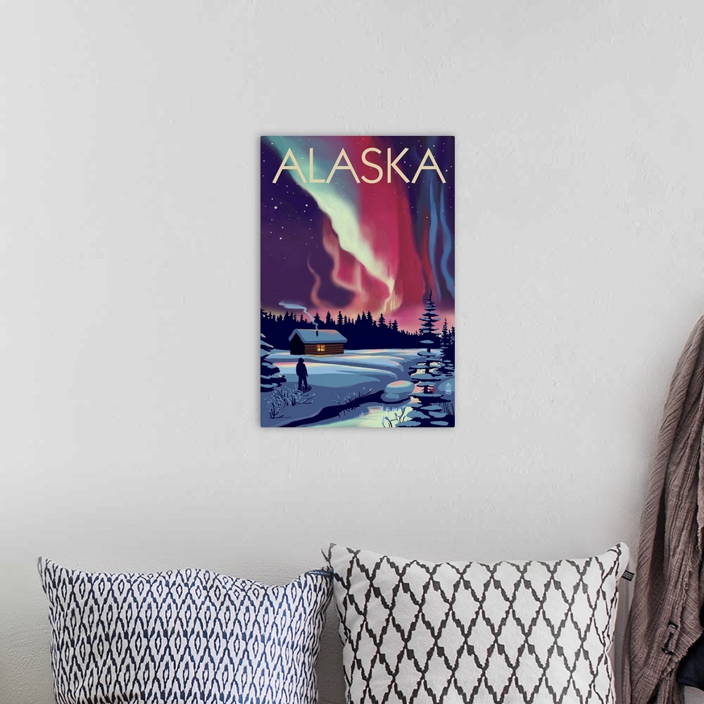 A bohemian room featuring Alaska - Northern Lights and Cabin: Retro Travel Poster