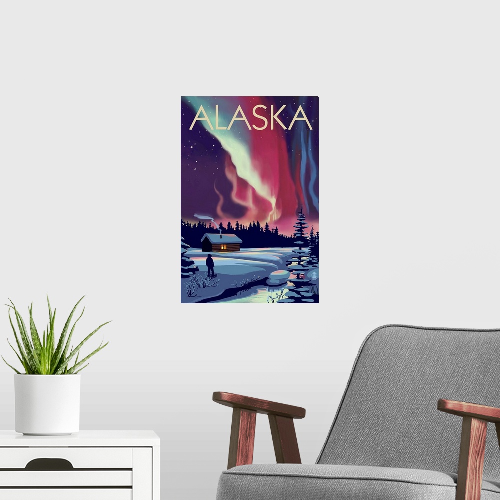 A modern room featuring Alaska - Northern Lights and Cabin: Retro Travel Poster
