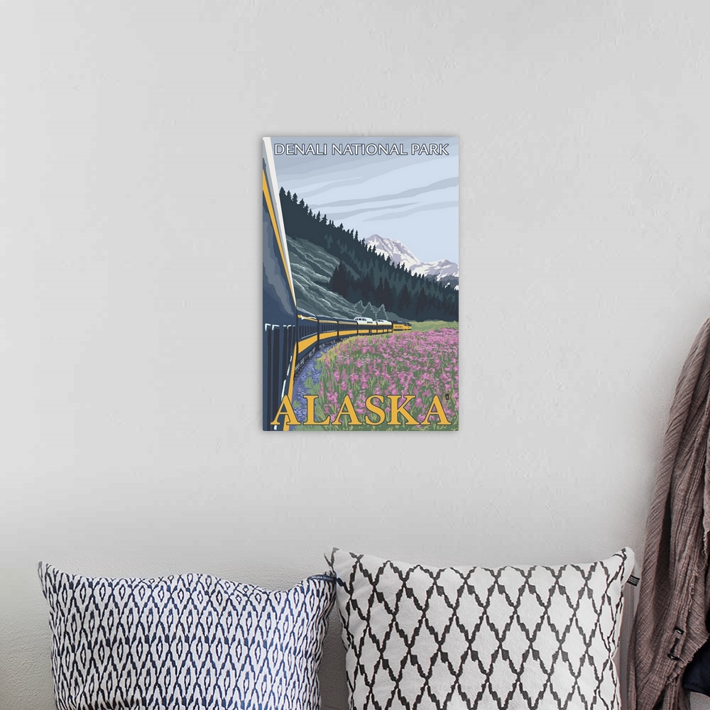 A bohemian room featuring Alaska Railroad Scene - Denali National Park, Alaska: Retro Travel Poster