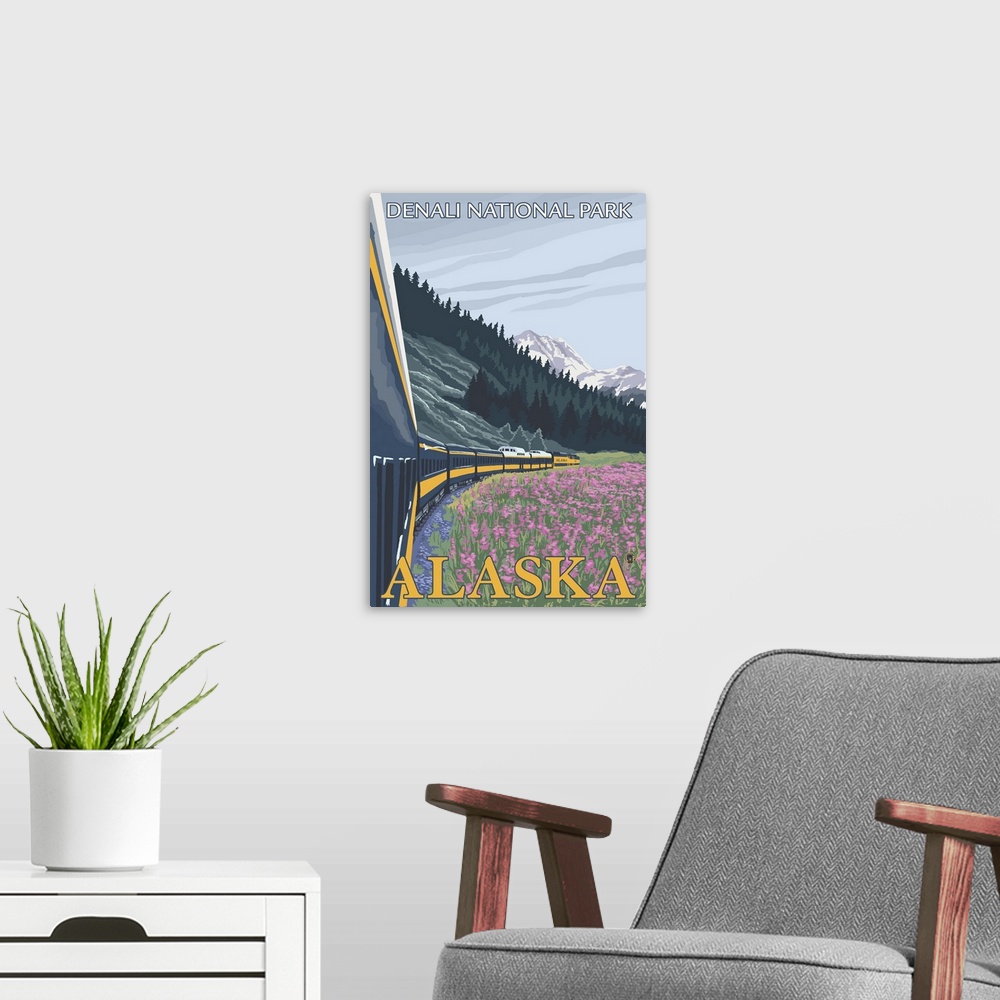 A modern room featuring Alaska Railroad Scene - Denali National Park, Alaska: Retro Travel Poster