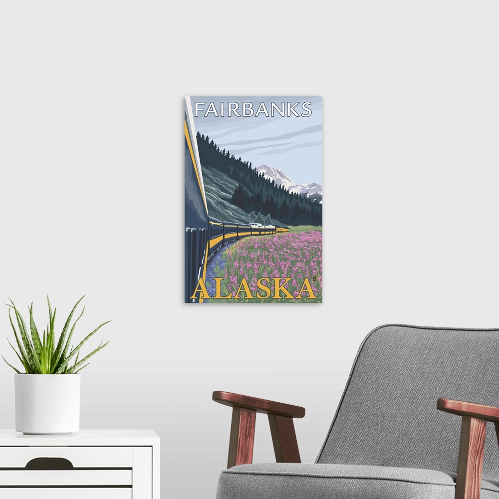 A modern room featuring Alaska Railroad Scene - Fairbanks, Alaska: Retro Travel Poster