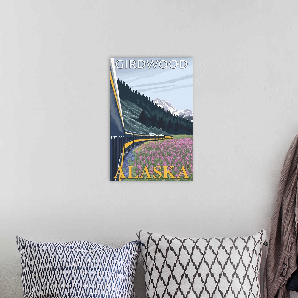 A bohemian room featuring Alaska Railroad Scene - Girdwood, Alaska: Retro Travel Poster