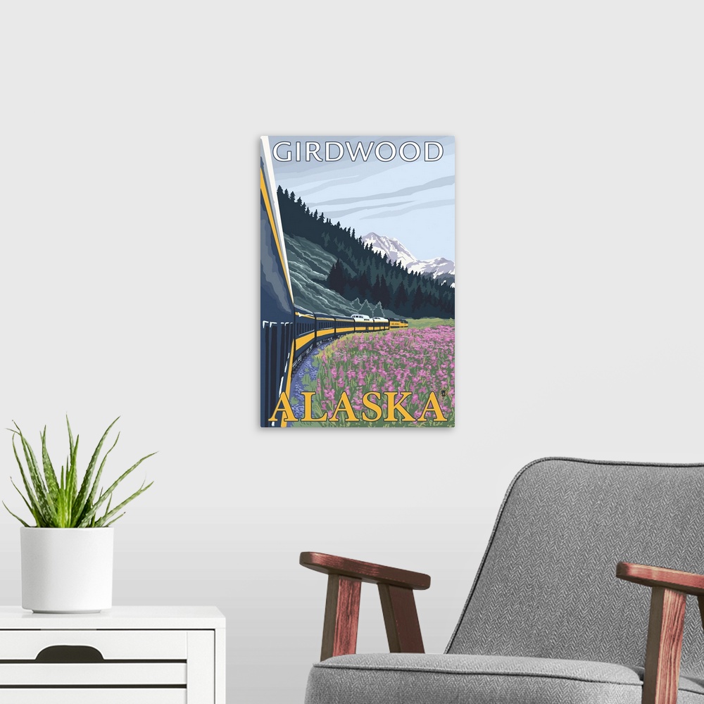 A modern room featuring Alaska Railroad Scene - Girdwood, Alaska: Retro Travel Poster