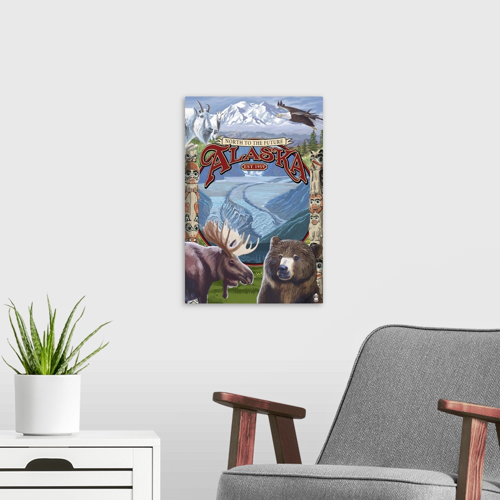 A modern room featuring Alaska Scenes Montage: Retro Travel Poster