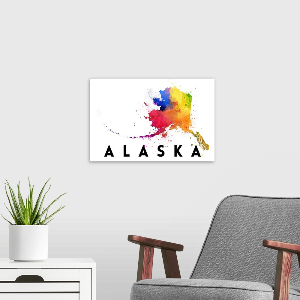 A modern room featuring Alaska - State Abstract Watercolor