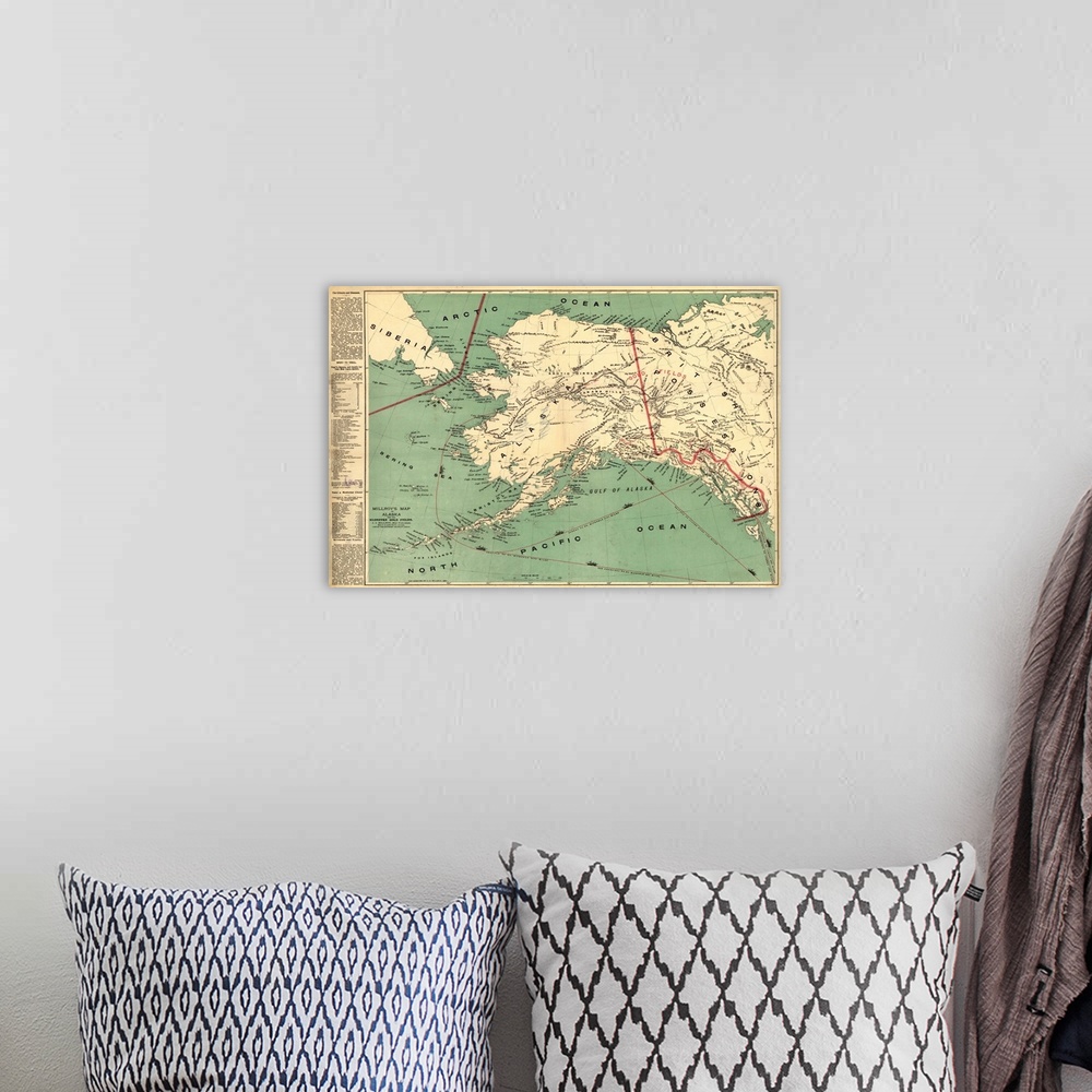 A bohemian room featuring A vintage map of the state of Alaska.