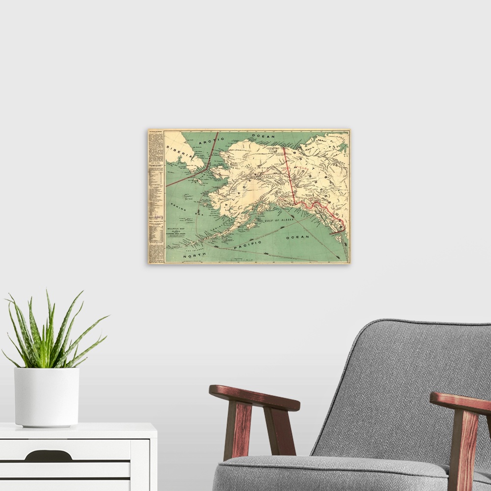 A modern room featuring A vintage map of the state of Alaska.