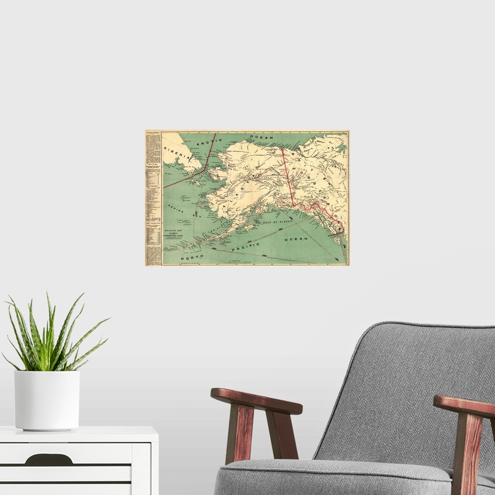A modern room featuring A vintage map of the state of Alaska.