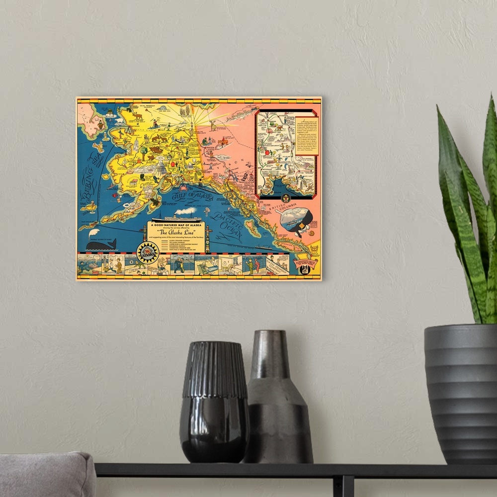 A modern room featuring A vintage map of steamship company landmarks in Alaska.