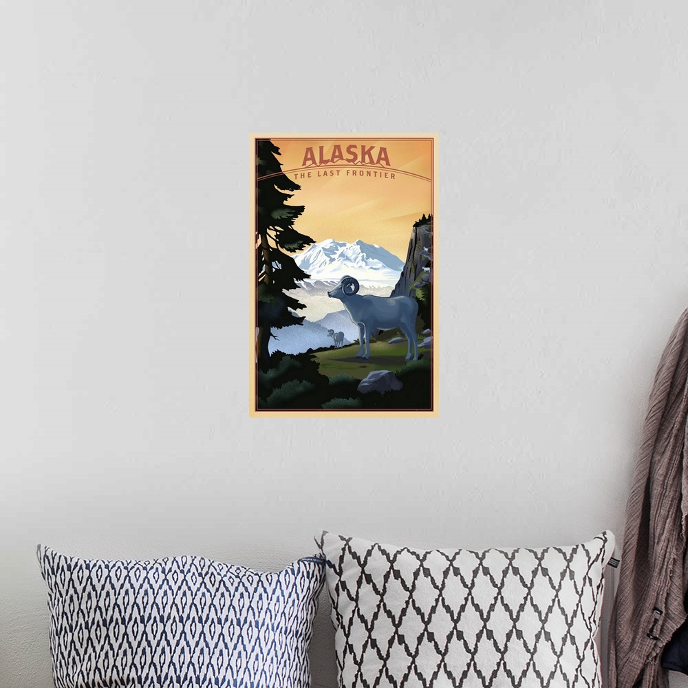 A bohemian room featuring Alaska - The Last Frontier - Dall Sheep & Mountain - Lithograph