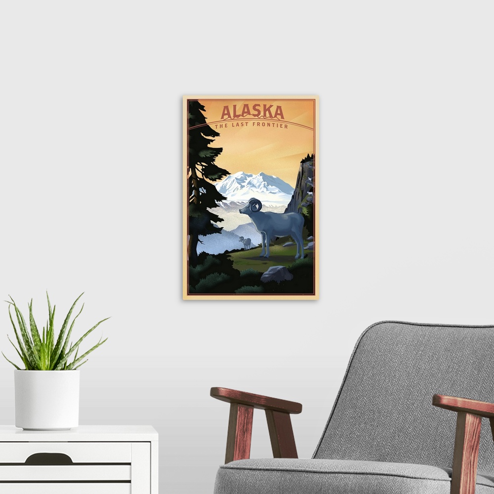 A modern room featuring Alaska - The Last Frontier - Dall Sheep & Mountain - Lithograph
