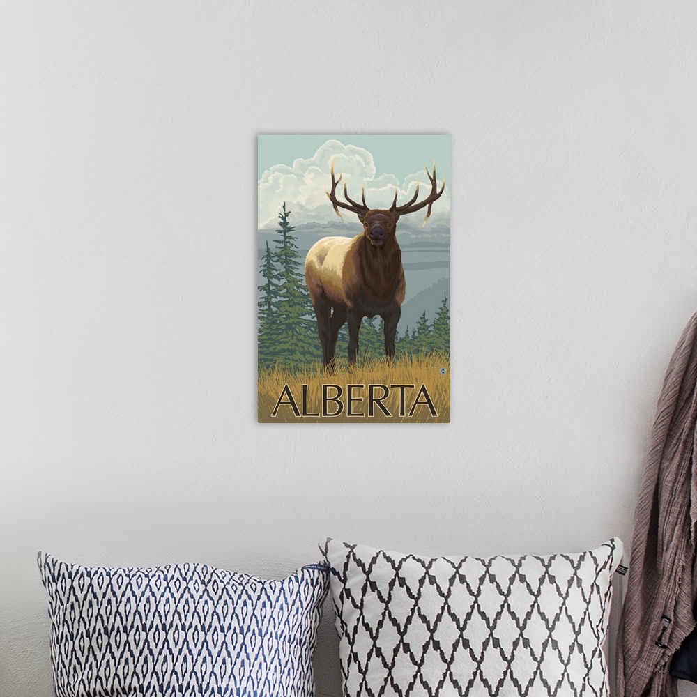 A bohemian room featuring Alberta, Canada - Elk Scene: Retro Travel Poster
