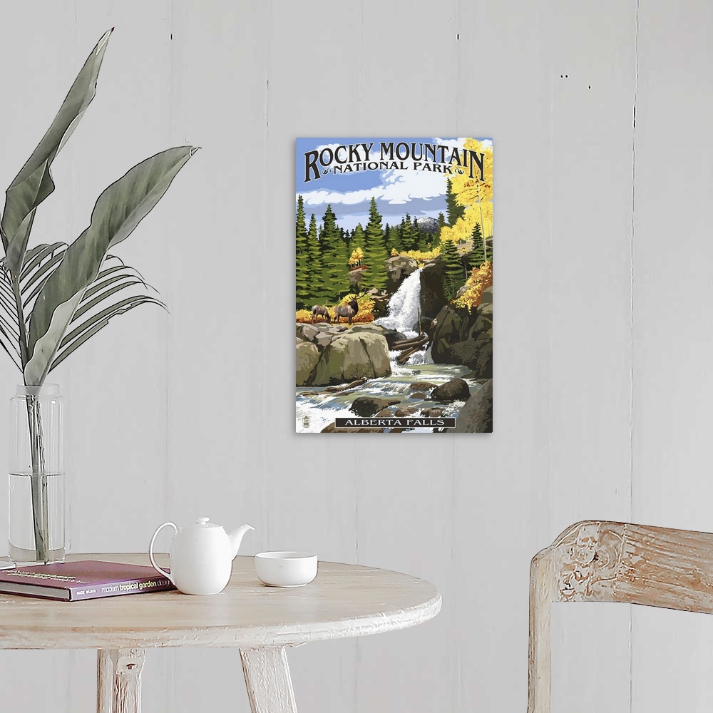 A farmhouse room featuring Retro stylized art poster of a wilderness scene with with a rocky waterfall, and surrounding trees.