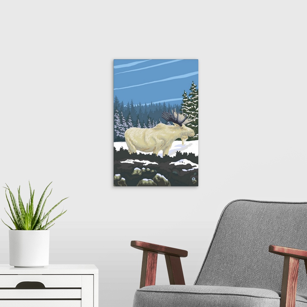 A modern room featuring Retro stylized art poster of an albino moose grazing in the wilderness.