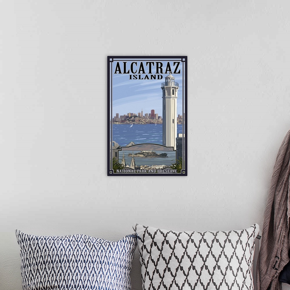 A bohemian room featuring Alcatraz Island and City - San Francisco, CA: Retro Travel Poster