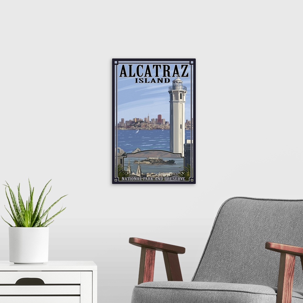 A modern room featuring Alcatraz Island and City - San Francisco, CA: Retro Travel Poster