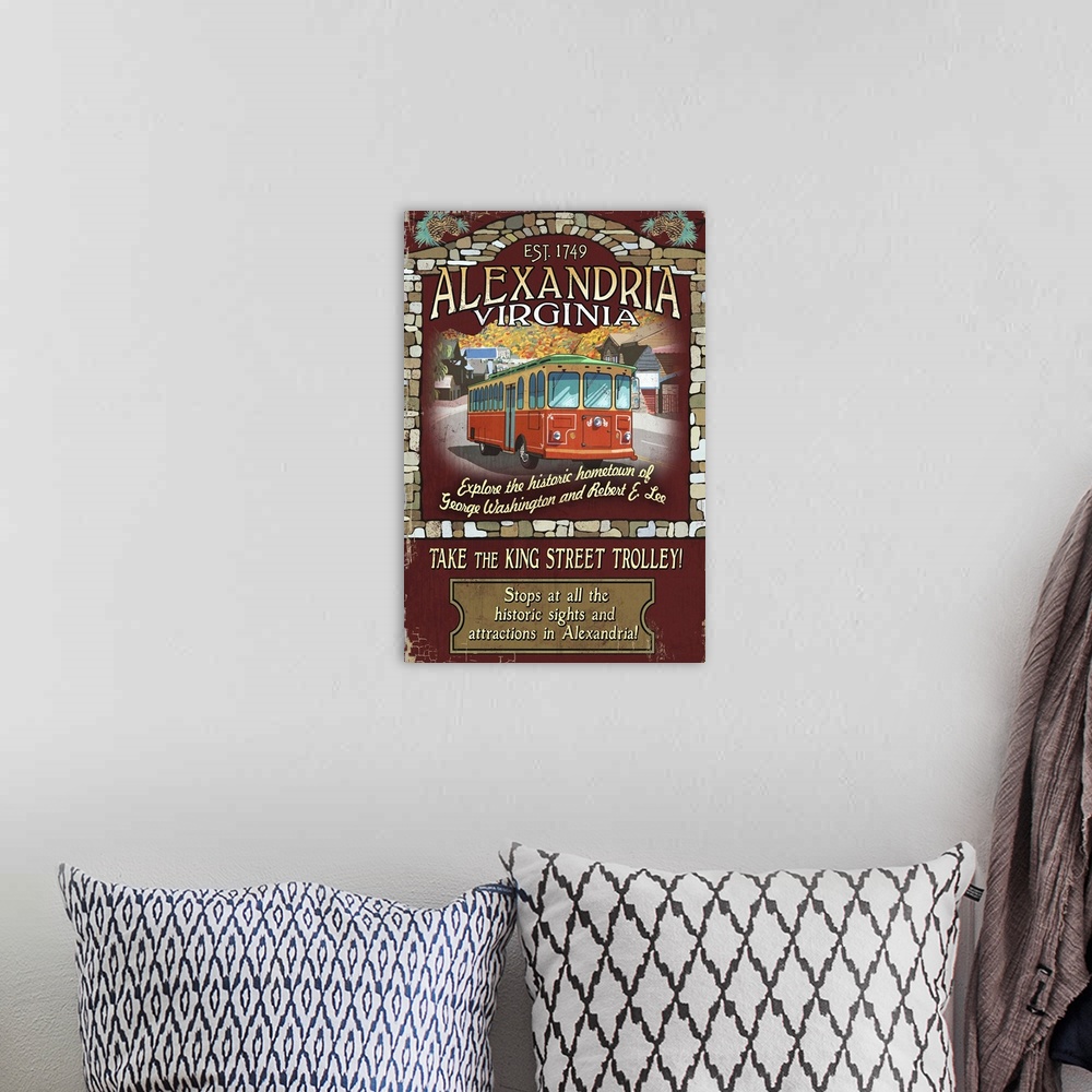 A bohemian room featuring Alexandria, Virginia - Trolley Vintage Sign: Retro Travel Poster