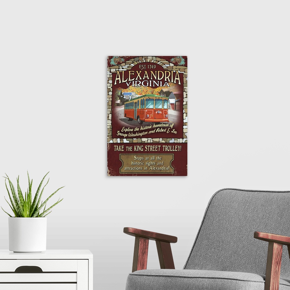 A modern room featuring Alexandria, Virginia - Trolley Vintage Sign: Retro Travel Poster