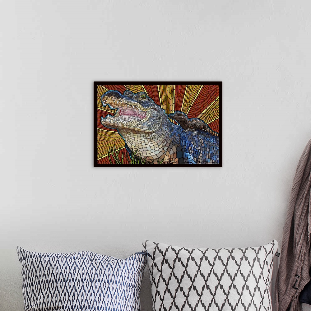 A bohemian room featuring Alligator - Paper Mosaic: Retro Poster Art