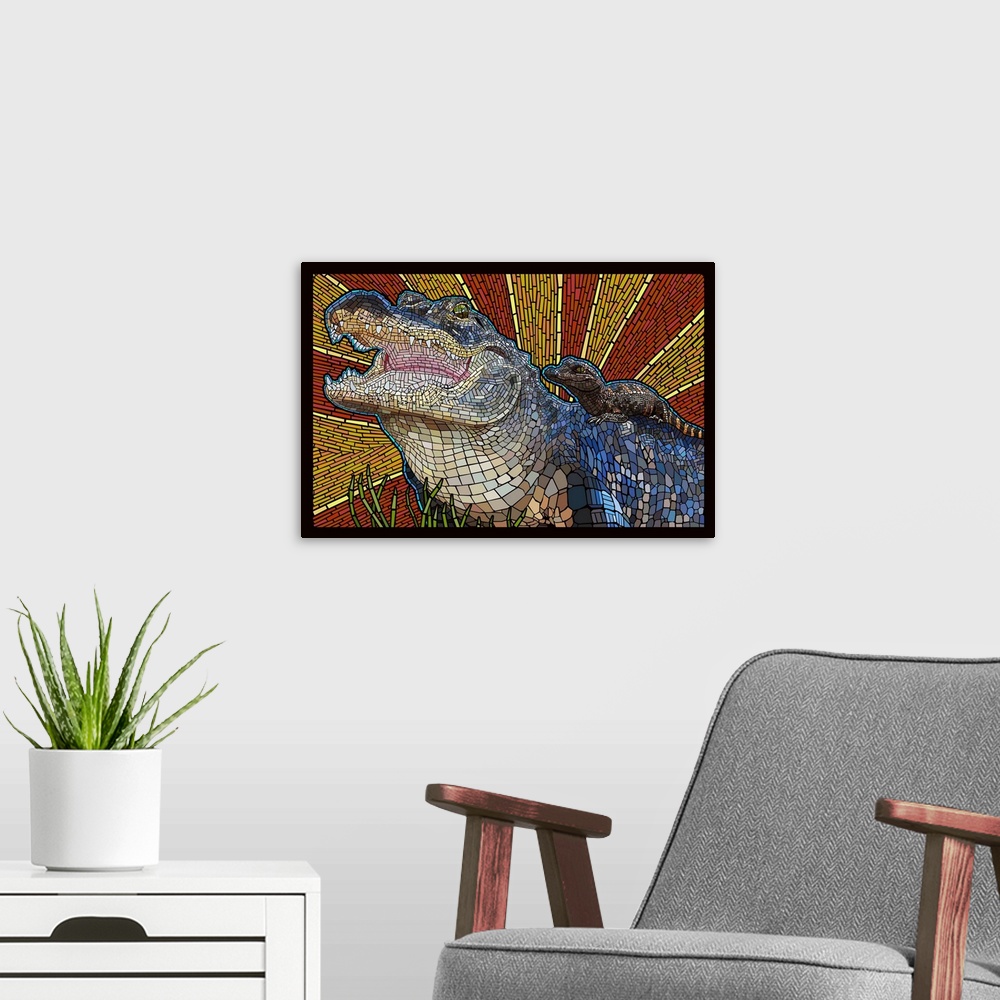 A modern room featuring Alligator - Paper Mosaic: Retro Poster Art