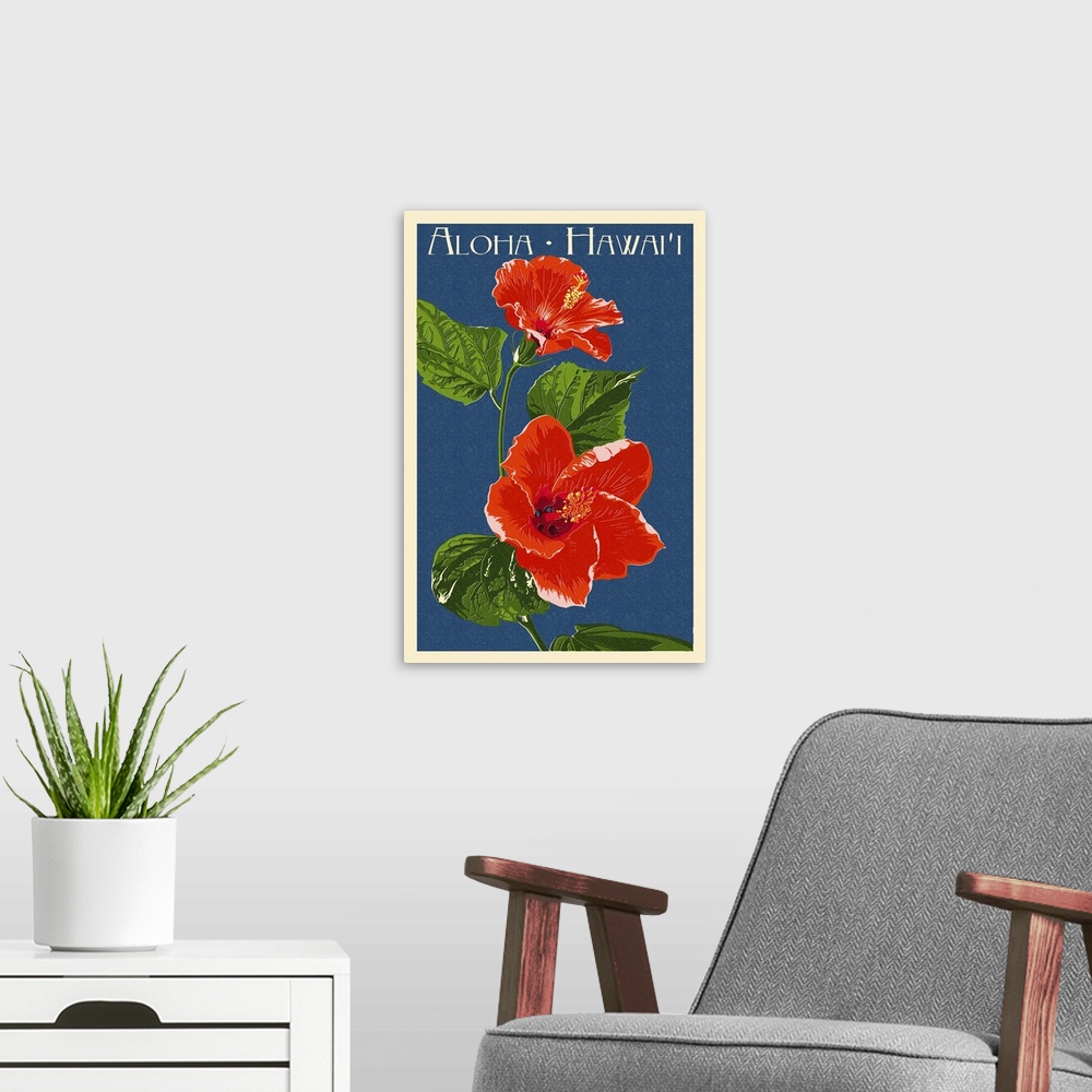 A modern room featuring Aloha Hawaii, Red Hibiscus Flower