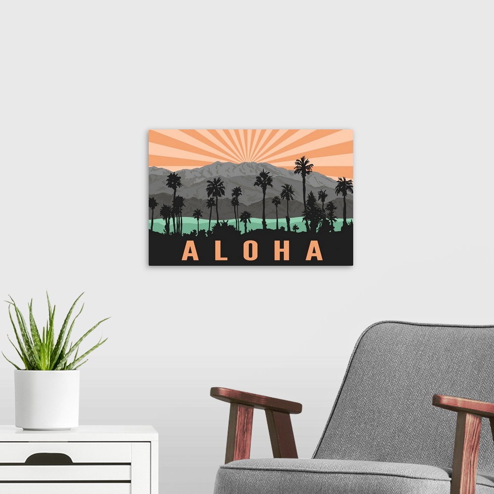 A modern room featuring Aloha - Palm Trees & Mountains
