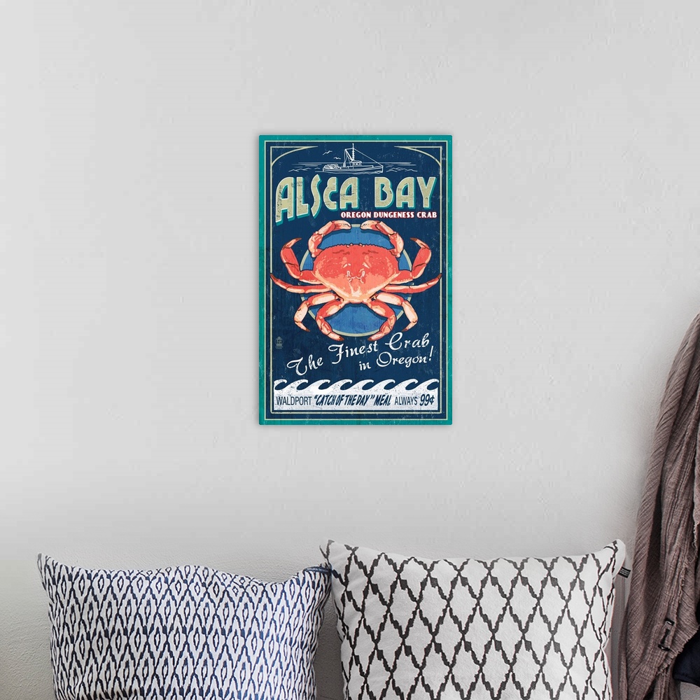 A bohemian room featuring Alsea Bay, Oregon, Dungeness Crab Vintage Sign