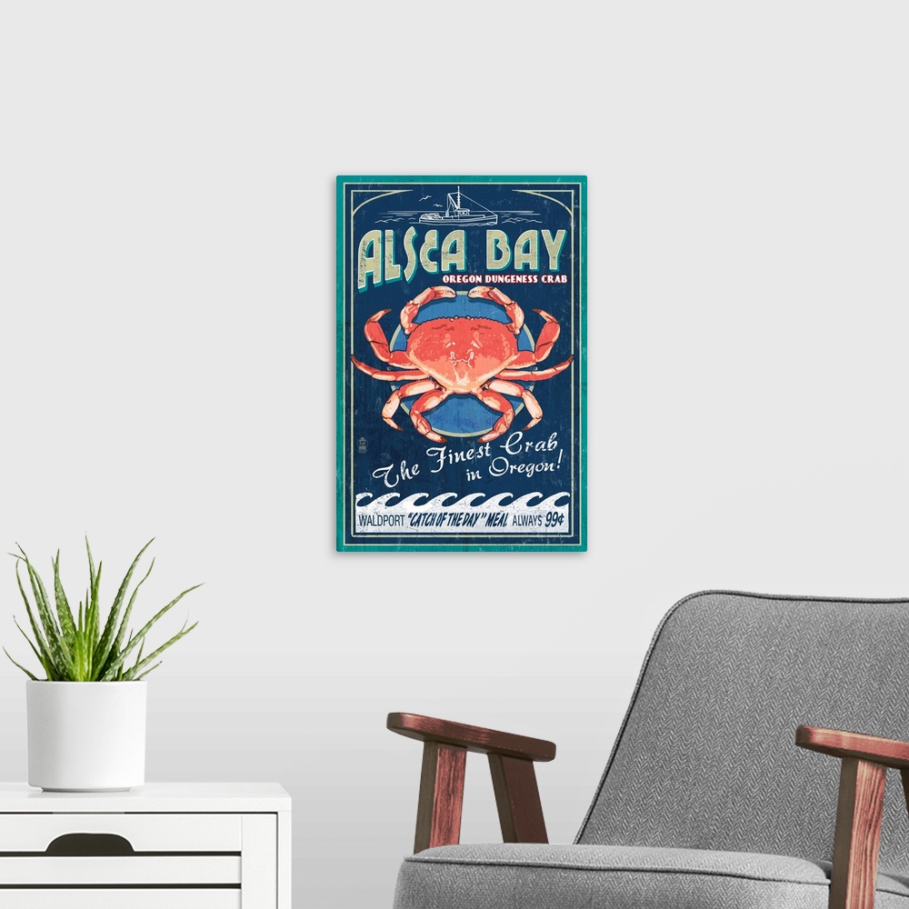 A modern room featuring Alsea Bay, Oregon, Dungeness Crab Vintage Sign