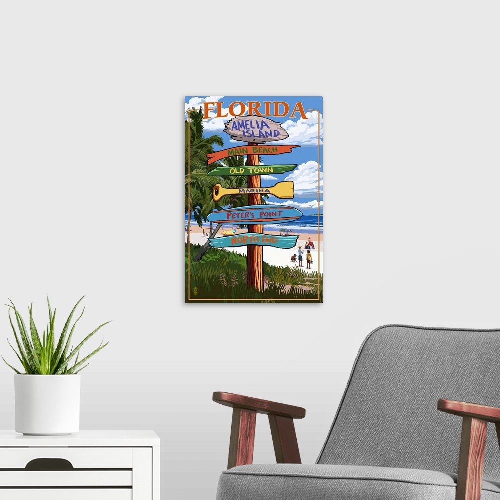 A modern room featuring Amelia Island, Florida - Destinations Signpost: Retro Travel Poster